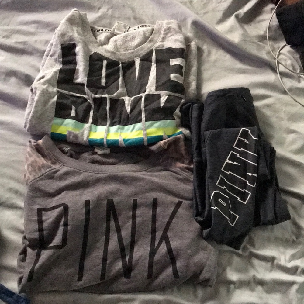2 pink hoodies and pink leggings